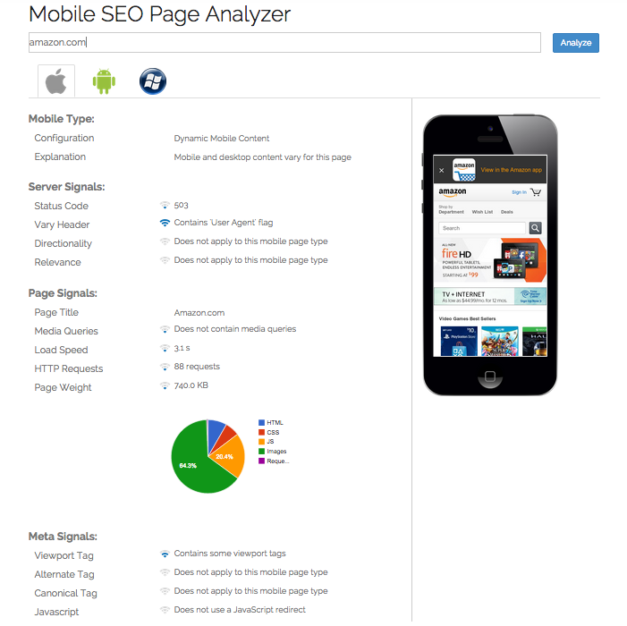 Mobile Page Analyzer's mobile SEO audit results for Amazon, showing the type of mobile page (eg separate mobile URLs, dynamic mobile serving, or responsive design) served to the iPhone, Android, and Windows Phone user-agents used by Google and Bing smartphone crawlers, followed by key mobile SEO signals detected for each mobile type, including mobile redirect configuration, use of bidirectional annotation tags, page speed, and more.