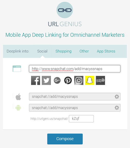 Deep linking to Snapchat profile links with URLgenius to track app opens