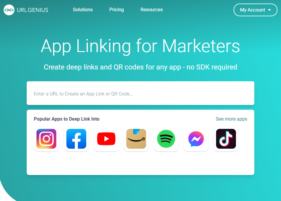 In just a few seconds you can create QR codes that deep link into any of a billion supported app screens - Instagram profiles, Facebook groups, YouTube Videos, Amazon product review pages, Spotify channels, Tiktok videos, and more