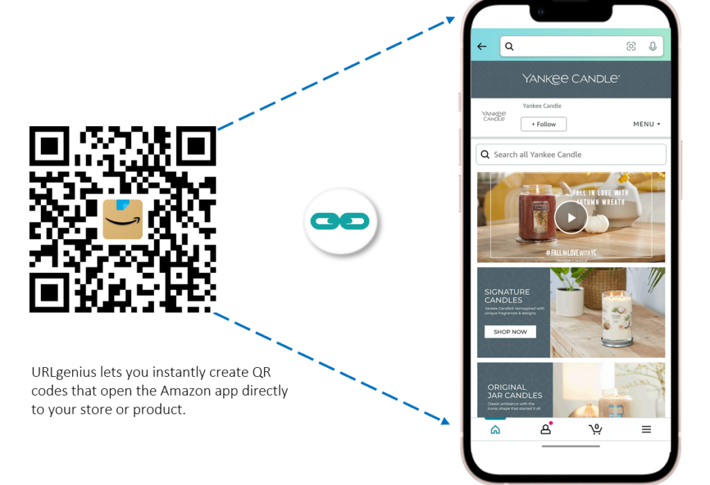 URLgenius let's you instantly create QR codes that open the Amazon app directly to your store or product