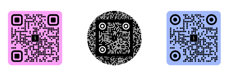 3 different QR code designs - Sephora QR code - pink rounded square QR code, circular black QR, blue rounded square QR code