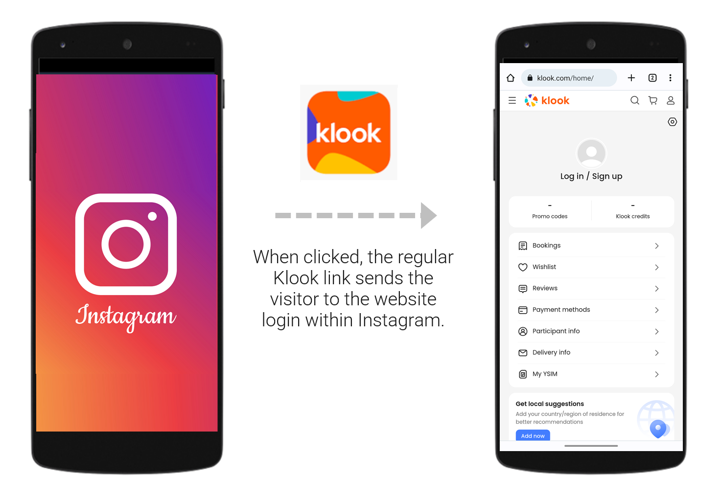 When clicked, the regular Klook link sends the visitor to the website login within Instagram 