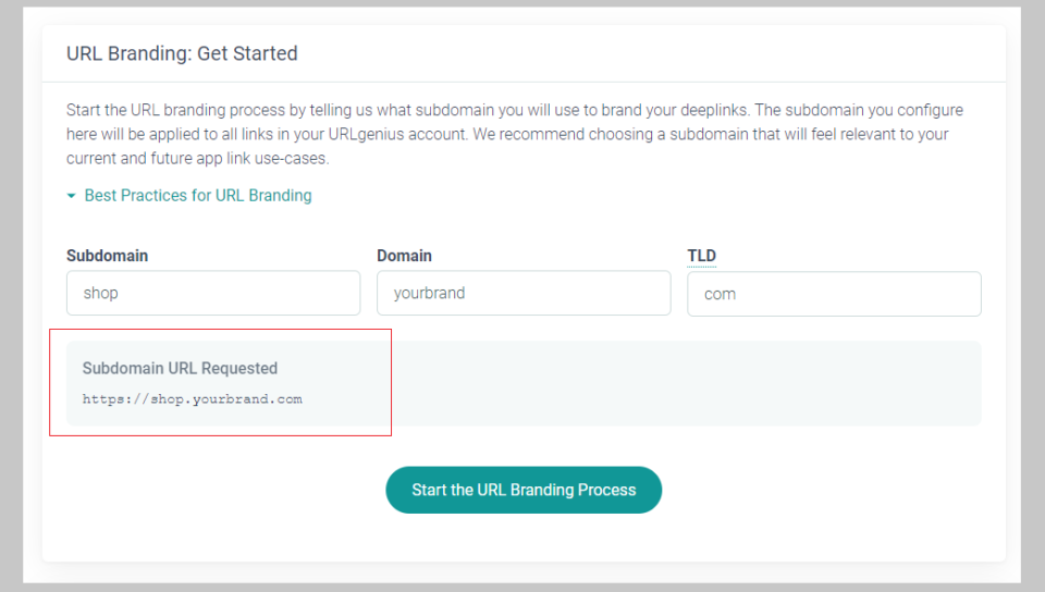 URL branding process, creating sub domain