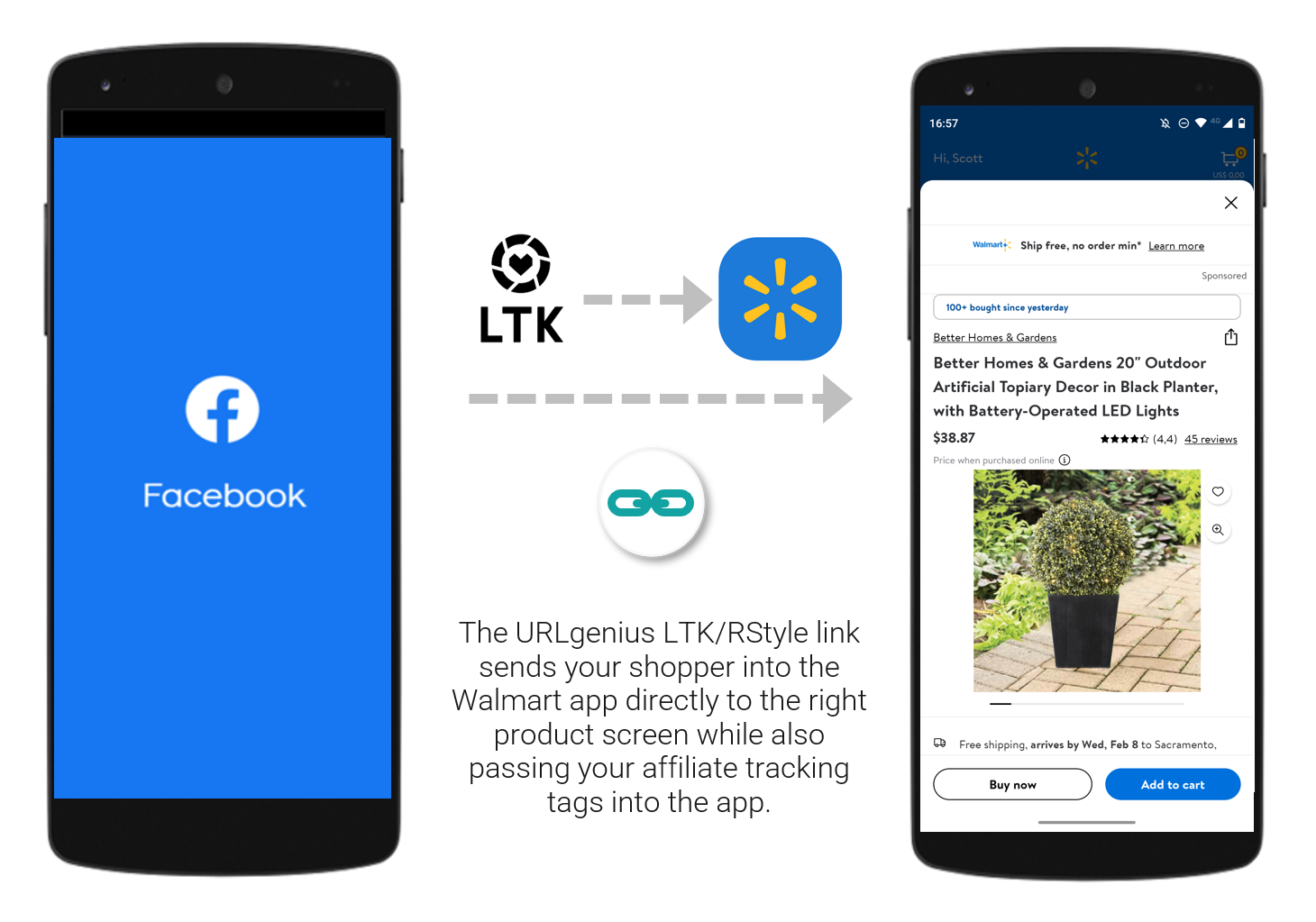 The URLgenius LTK/RStyle link sends your shopper into the Walmart app directly to the right product screen while also passing your affiliate tracking tags into the app.