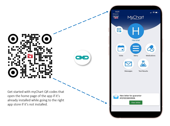 Get started myChart QR codes that open the home page of the app if it's already installed while going to the right app store if it's not installed