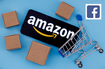 Amazon logo - shopping cart - cardboard boxes - and Facebook logo top right corner