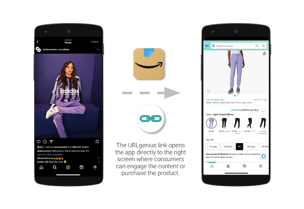 The URLgenius link opens the app directly to the right screen where consumers can engage the content or purchase the product