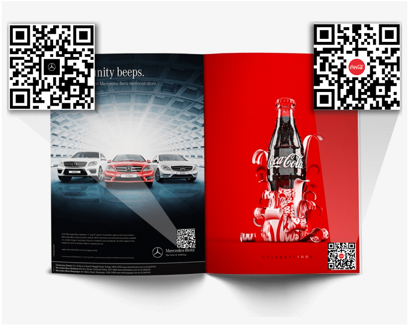 Mercedes Benz print ad with QR code and Coca Cola print ad with QR code