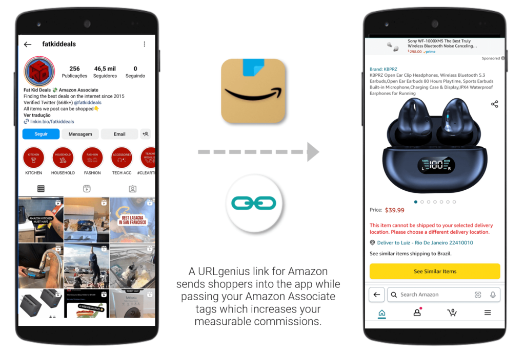 A URLgenius link for Amazon sends shoppers into the app while passing your Amazon Associate tags which increases your measurable commissions