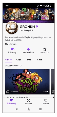 Twitch profile on Twitch app - Username: "Gronkh"