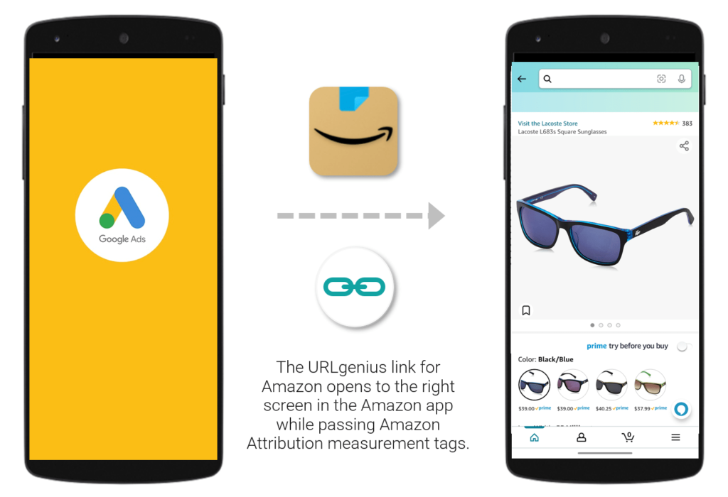 The URLgenius link for Amazon opens to the right screen in the Amazon app while passing Amazon Attribution measurement tags. 