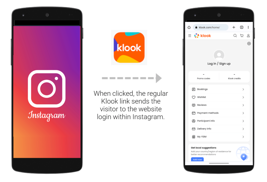 When clicked, the regular Klook link sends the visitor to the website login within Instagram.