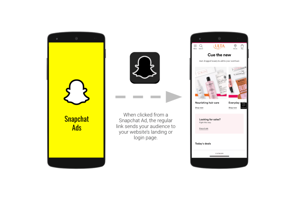 When clicked from a Snapchat ad, the regular link sends your audience to your website's landing or login page