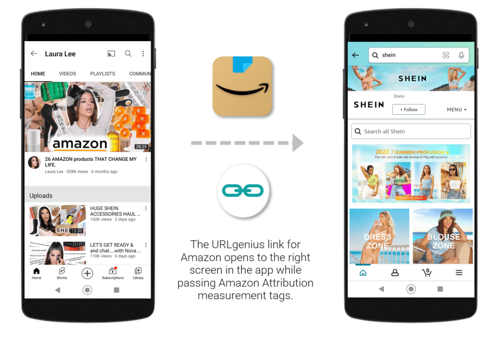 The URgenius link for Amazon opens to the right screen in the app while passing Amazon Attribution measurement tags 