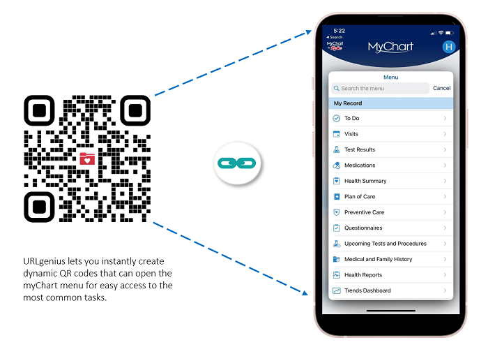 URLgenius lets you instantly create dynamic QR codes that can open the MyChart menu for easy access to the most common tasks.