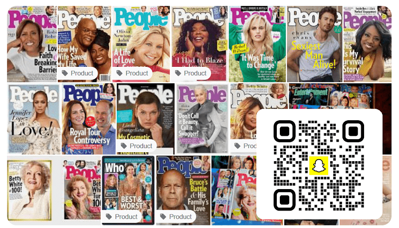 URLgenius-generated QR code to open People Magazine Snapchat profile - background spread of various People Magazine issues