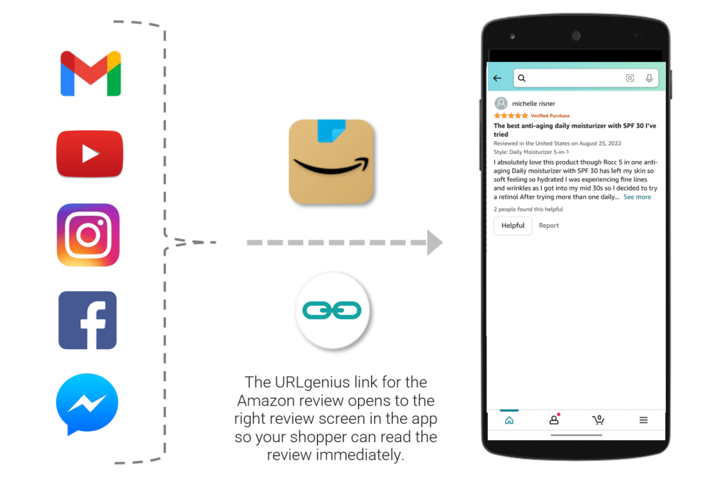 The URLgenius link for the Amazon review opens to the right review screen in the app so your shopper can read the review immediately 