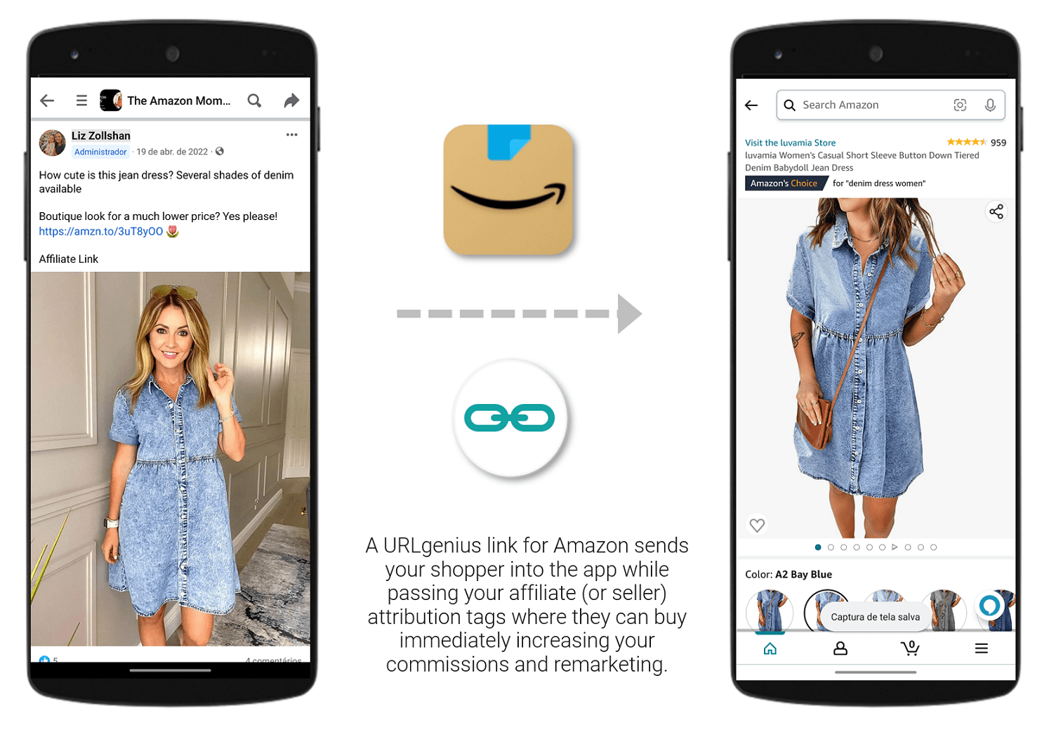 A URLgenius link for Amazon sends your shopper into the app while passing your affiliate (or seller) attribution tags where they can buy immediately increasing your commissions and remarketing 