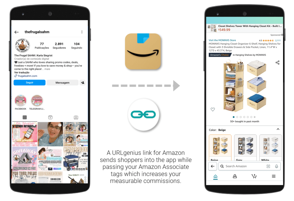 A URLgenius link for Amazon sends shoppers into the app while passing your Amazon Associate tags which increases you rmeasurable commissions 