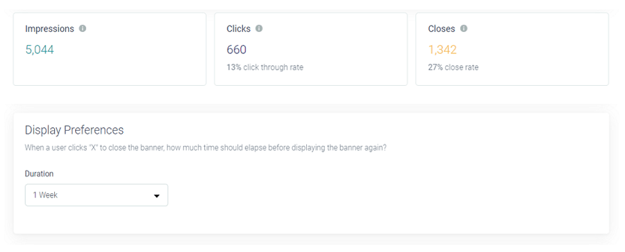 URLgenius app banners give you unique insights into what percentage of your visitors viewed, clicked, and closed your banner. You can also control when to show visitors the banner again after they close it. 