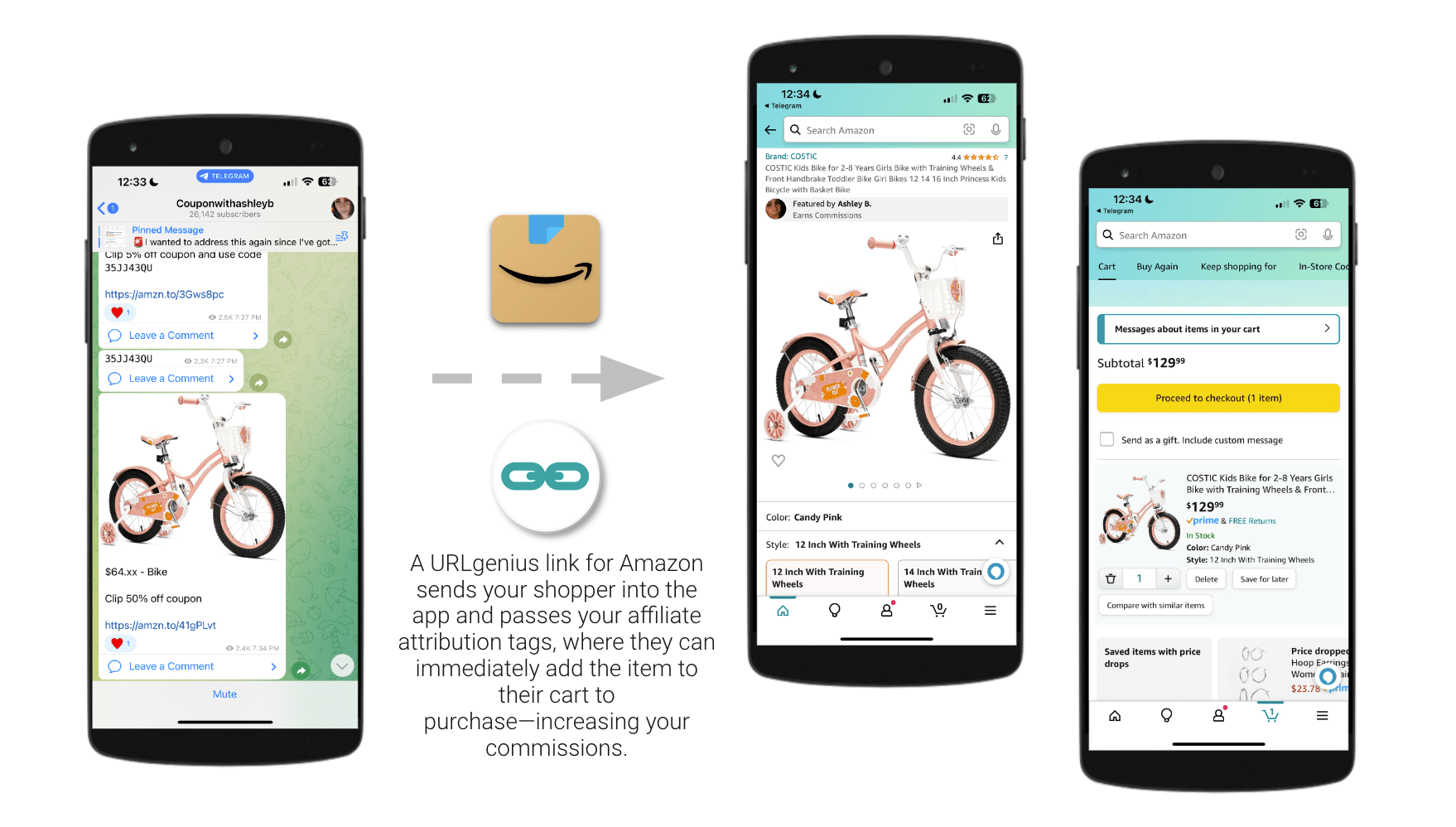 A URLgenius link for Amazon sends your shopper into the app and passes your affiliate attribution tags, where they can immediately add the item to their cart to purchase—increasing your commissions. 