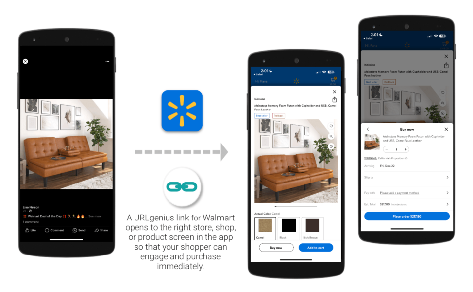 A URLgenius link for Walmart opens to the right store, shop, or product screen in the app so that your shopper can engage and purchase immediately