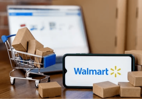 Walmart app on smartphone surrounded by Walmart box packages