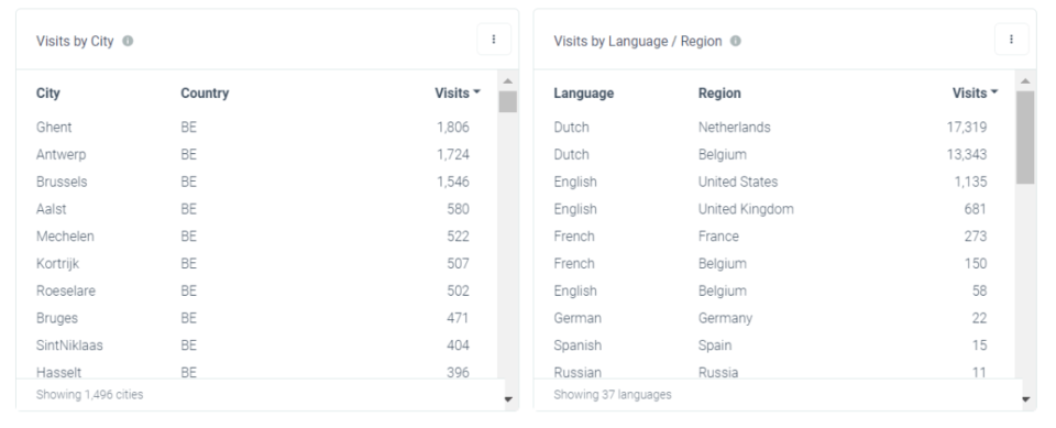Visits by city / visits by language/region