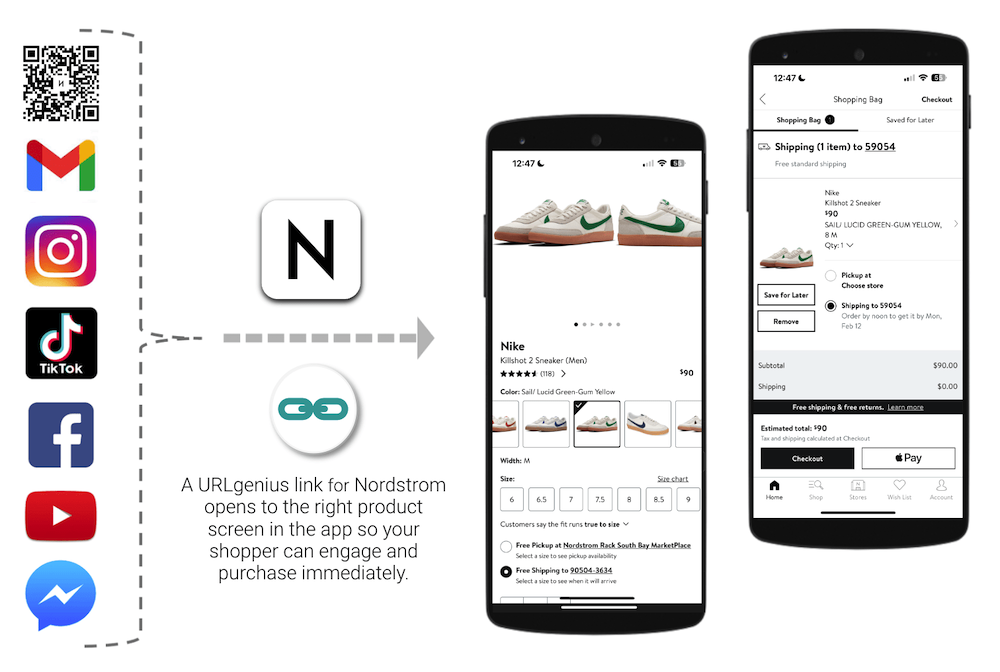 A URLgenius link for Nordstrom opens to the right product screen in the app so your shopper can engage and purchase immediately.