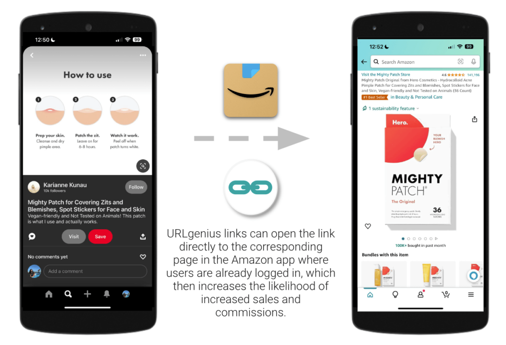 URLgenius links can open the link directly to the corresponding page in the Amazon app where users are already logged in, which then increases the likelihood of increased sales and commissions.