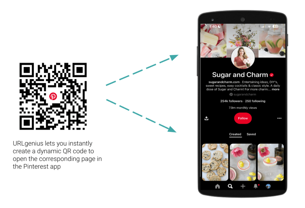 URLgenius lets you instantly create a dynamic QR code to open the corresponding page in the Pinterest app